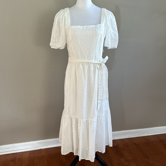 Draper James RSVP Eyelet Squareneck White Tiered Hem Midi Dress Size L - Picture 3 of 12